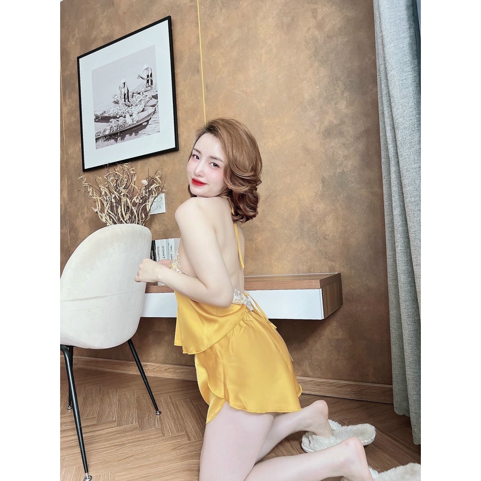 Đồ ngủ sexy nữ, Bộ yếm nữ phối ren mùa hè chất satin kèm video- Phuongaliceshop