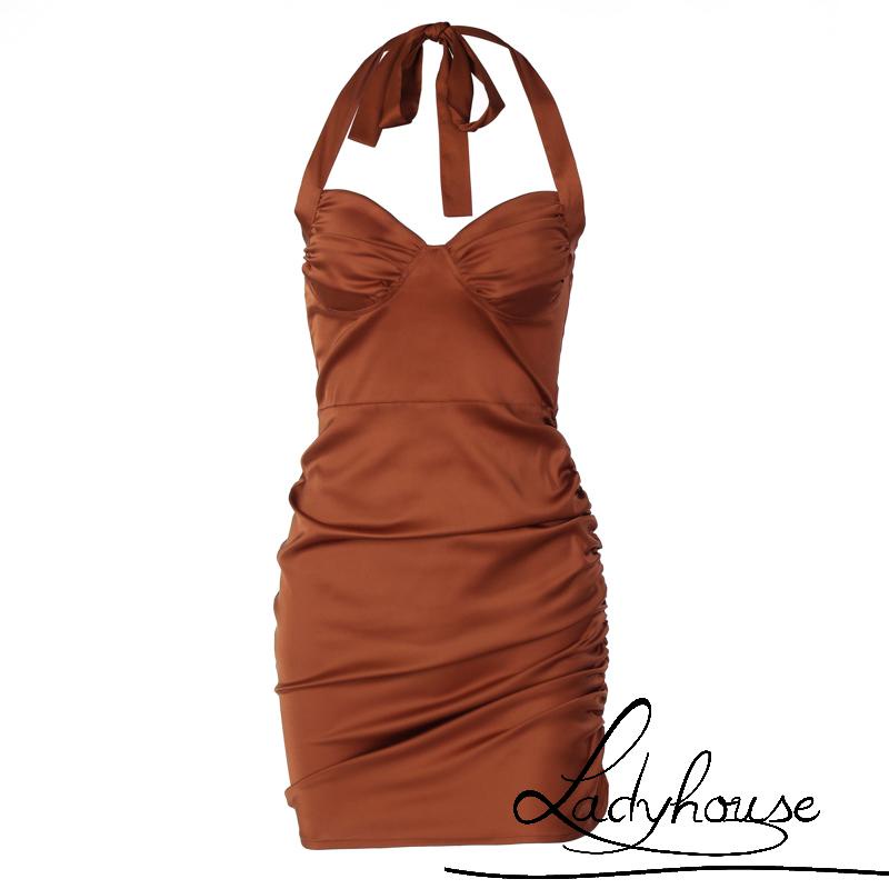 LD-Women´s Dress, Neck Halter Sleeveless Backless Ruched Solid Color Middle Waist Mini Skinny Dresses
