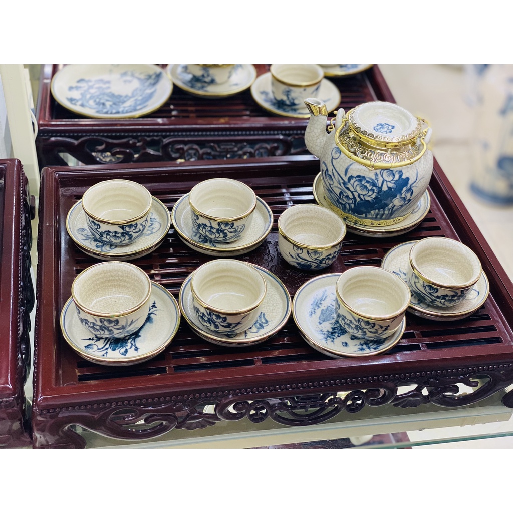 Bộ ấm chén men rạn giả cổ bọc đồng Bát Tràng - Bộ ẤM trà dáng Quả Hồng Bát Tràng CAO CẤP