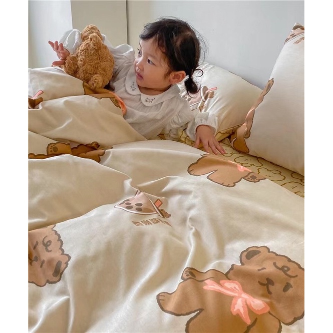 Sét Chăn Ga Gối Cotton Organic mẫu Gấu Bear nơ