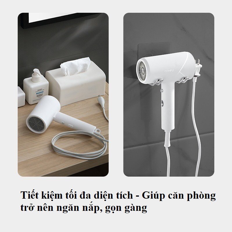 Giá treo máy sấy tóc Inox 304 - Dán tường tiện lợi - Có móc treo phích cắm điện