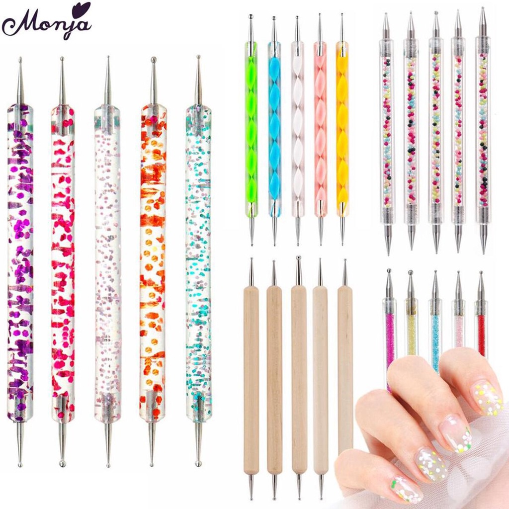 Set 5 cọ Monja thiết kế hai đầu đính đá trang trí móng nghệ thuật DIY
