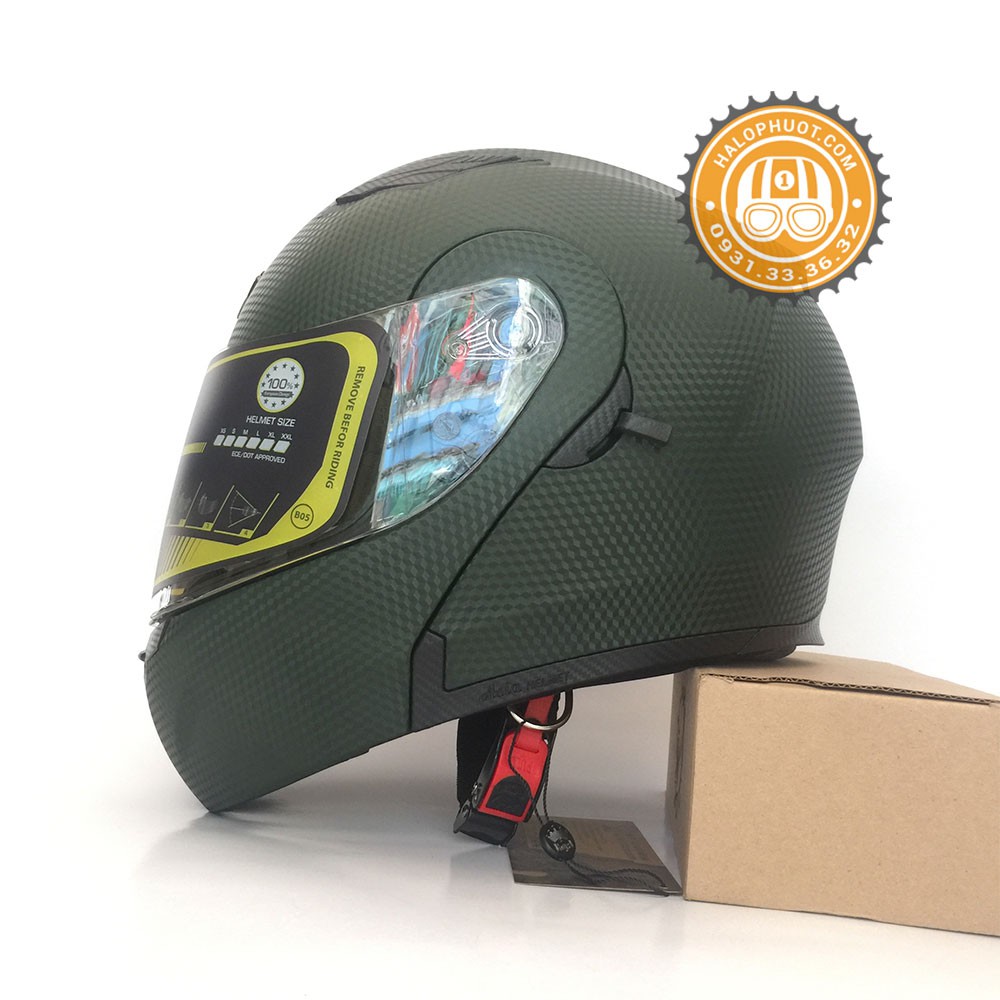 Nón bảo hiểm Fullface Lật hàm 2 kính Royal M179 Rêu vân Carbon (Tặng balo rút)