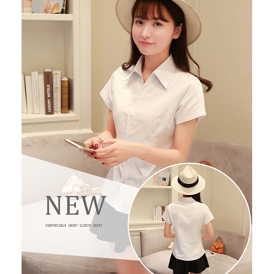 Áo sơ-mi màu trơn cổ chữ V chất cotton mềm mại trẻ trung cho nữ
