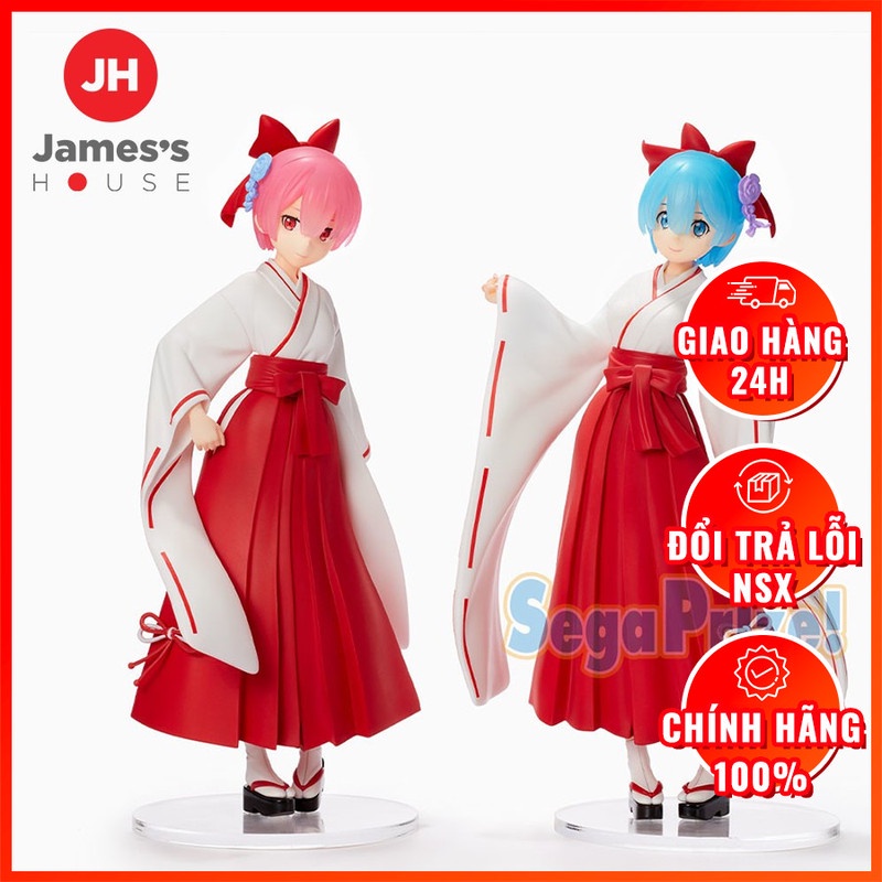 Mô Hình Figure Chính Hãng Anime Re:Zero, Ram &amp; Rem, Miko Style Version, SEGA, Nhật Bản