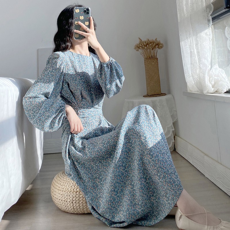 Đầm maxi Hoa Cổ Tròn Thắt Nơ Eo