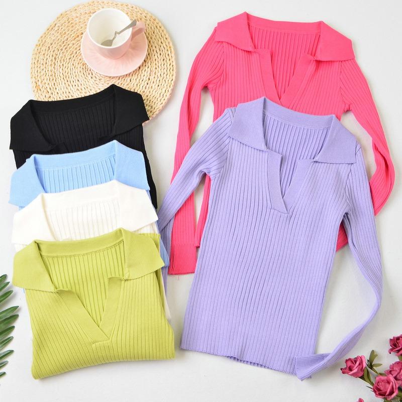 Áo Thun Dệt Kim Tay Dài Cổ Bẻ Màu Trơn Phong Cách Hàn Quốc Thời Trang Sành Điệu