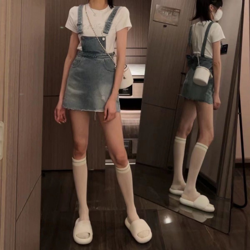 Set yếm Váy Yếm Denim Ngắn Dáng Chữ a Lưng Cao Thắt Nơ Xinh Xắn Thời Trang Cho Nữ