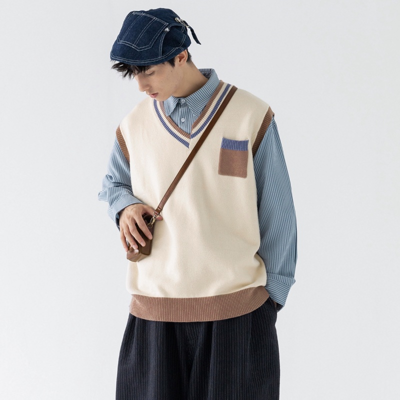 Áo Sweater Dệt Kim Sát Nách Phối Màu Sắc Tương Phản Kiểu Retro Nhật Bản Thời Trang Thu Đông Cho Nam Và Nữ 2022