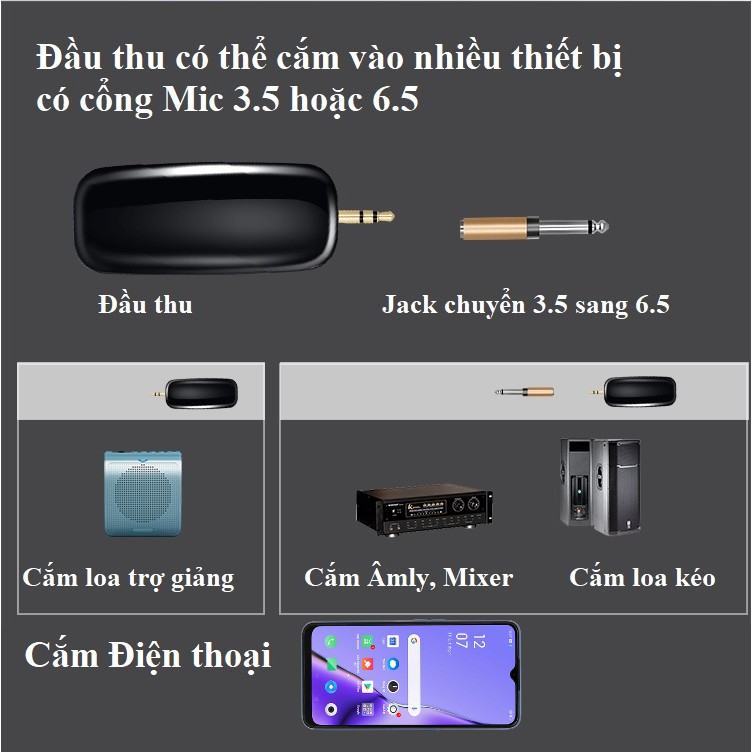 Micro cài áo không dây sóng UHF, cắm điện thoại livestream, thu âm, quay video, làm YouTube, Vlog từ xa