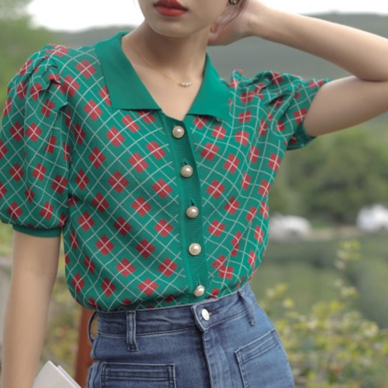 Áo Sweater chui đầu màu sắc hình thoi kiểu Pháp dễ thương 178220Áo cổ bẻ tay phồng chất liệu lụa thời trang mùa hè cho nữ | BigBuy360 - bigbuy360.vn