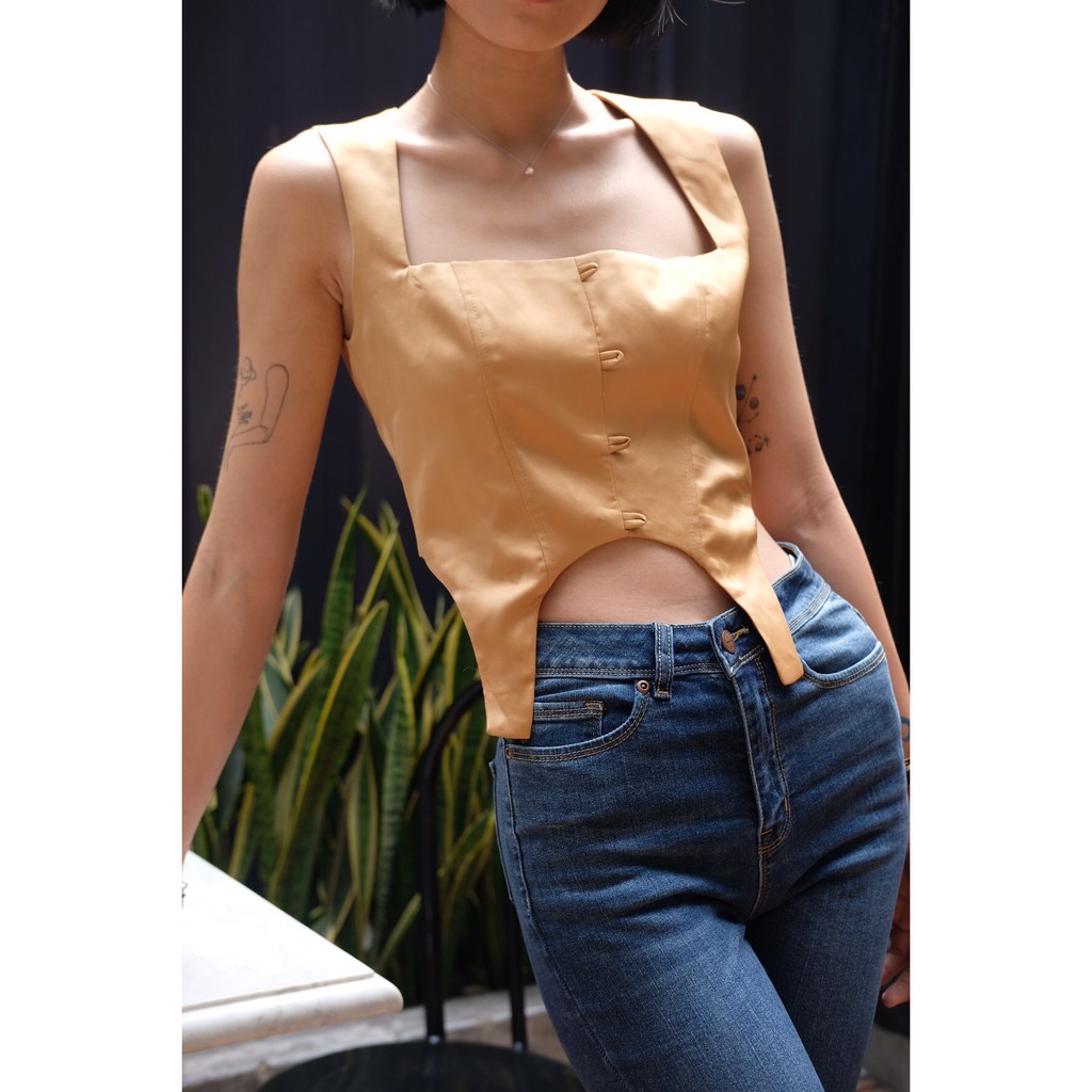Áo corset HEYBEE cổ vuông hiện đại, chất vải phi lụa dày mềm mát (2 màu) VICTORIA HT627