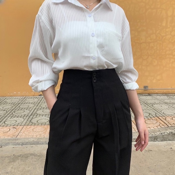 Quần tây nữ lưng cao đi học cạp liền 2 nút khuy ống đứng dáng dài Quần vải baggy đen nữ học sinh co giãn nhẹ làm công sở
