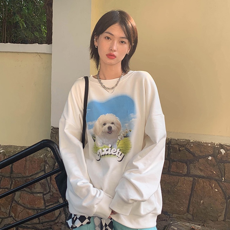 【ZHELIHANGFEI】Áo Thun Nỉ Tay Dài In Hình Cún Con Dễ Phối Đồ