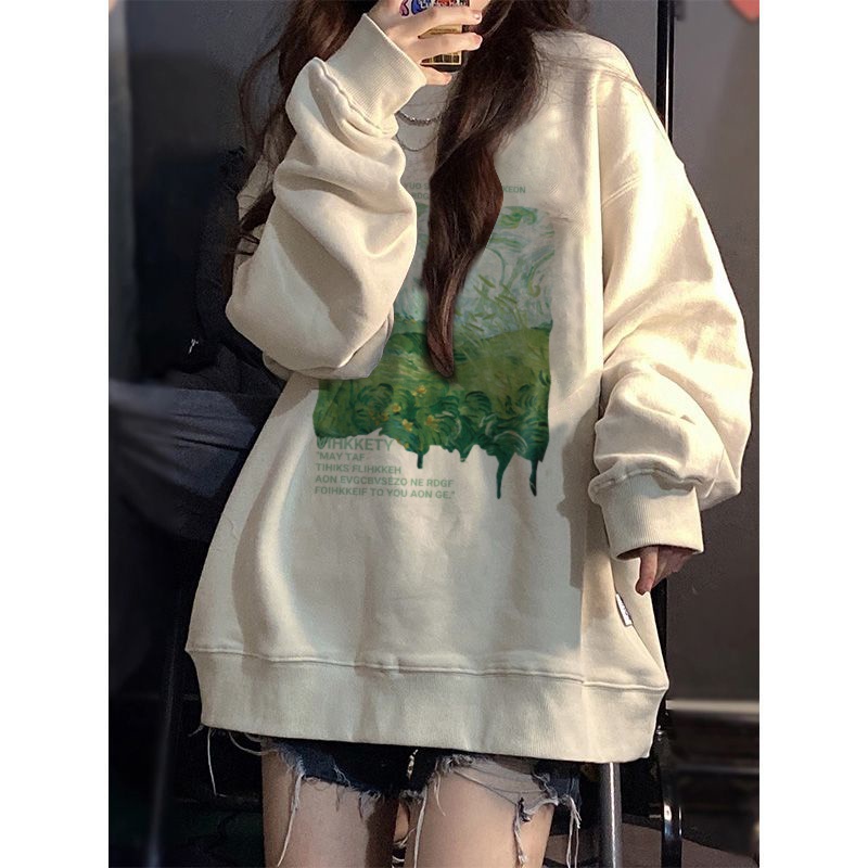Áo Nỉ oversize Cổ Tròn In Họa Tiết Phong Cách retro Mỹ
