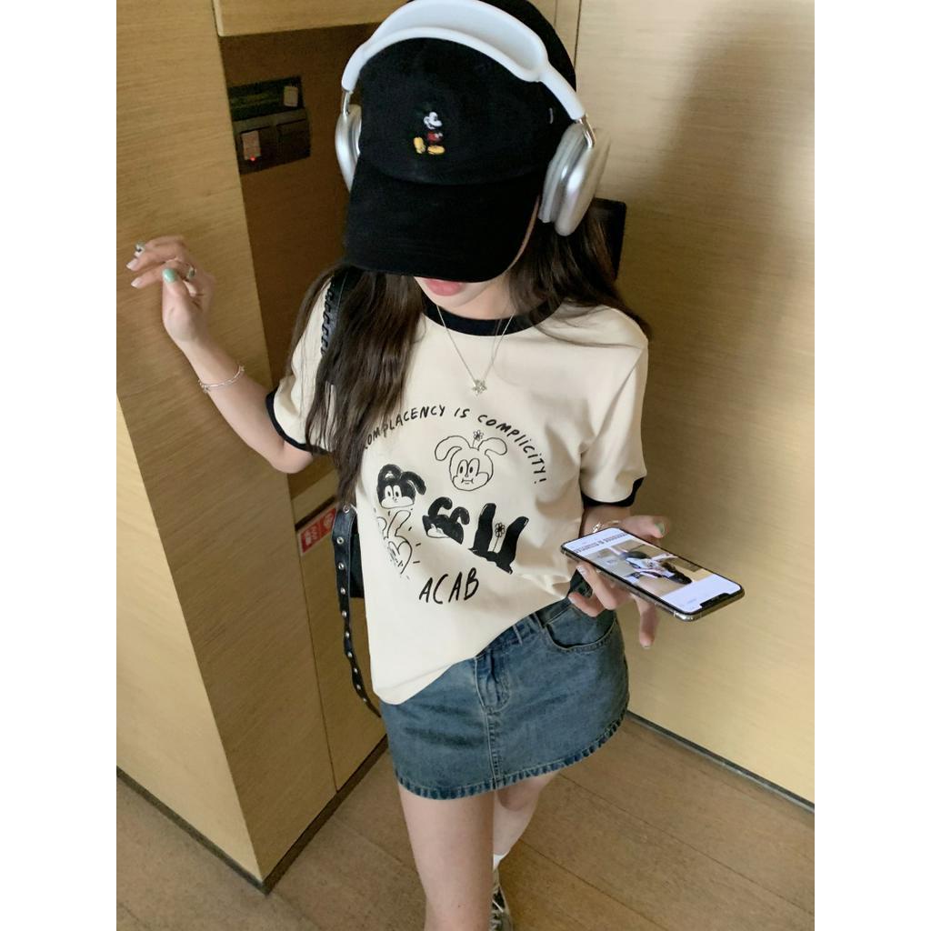 Áo Thun Ngắn Tay In Màu Sắc Tương Phản Phong Cách Retro Thời Trang Mùa Hè 62151