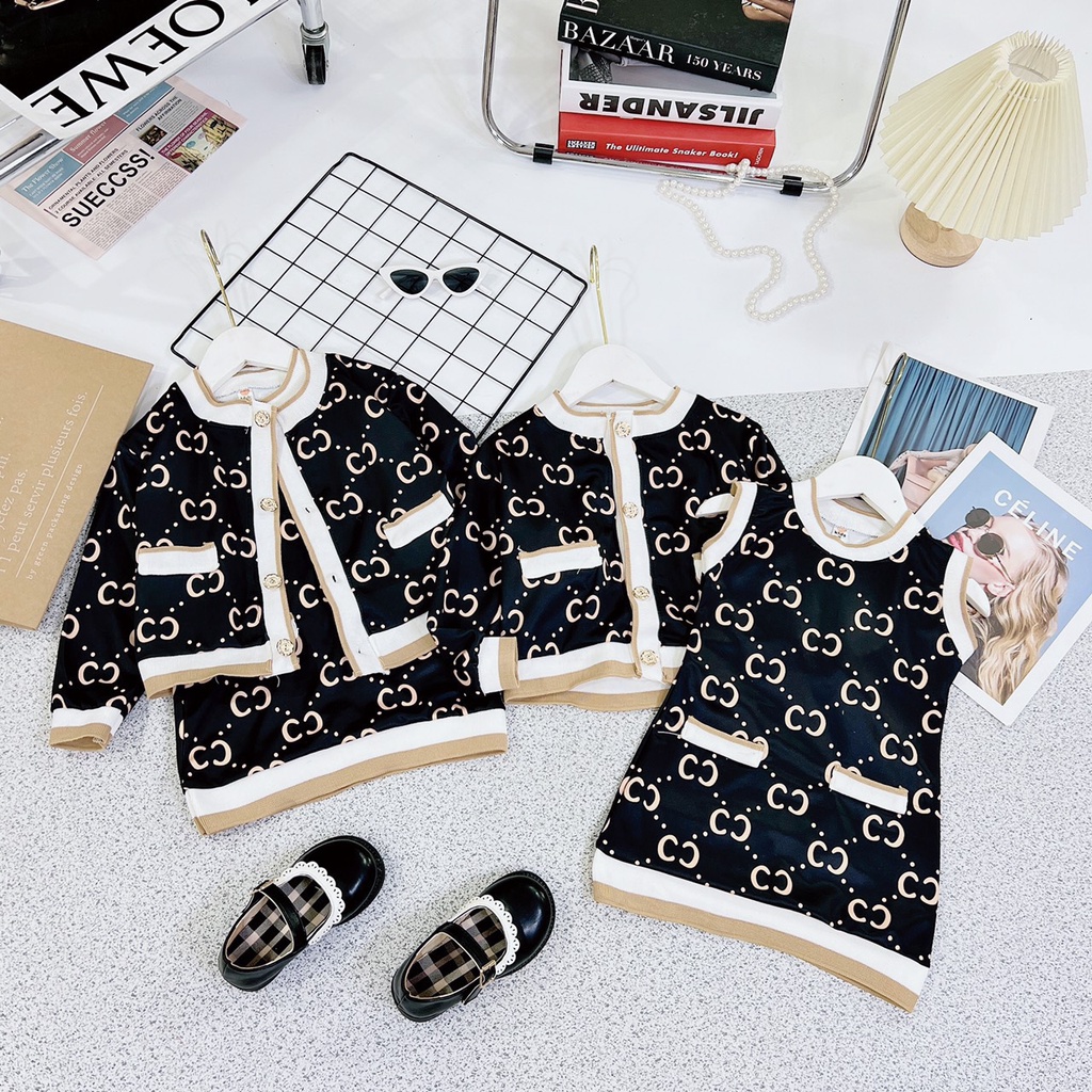 Sét váy len bé gái, váy mùa đông cho bé gái, set 2ct: váy và áo khoác  cao cấp cho bé