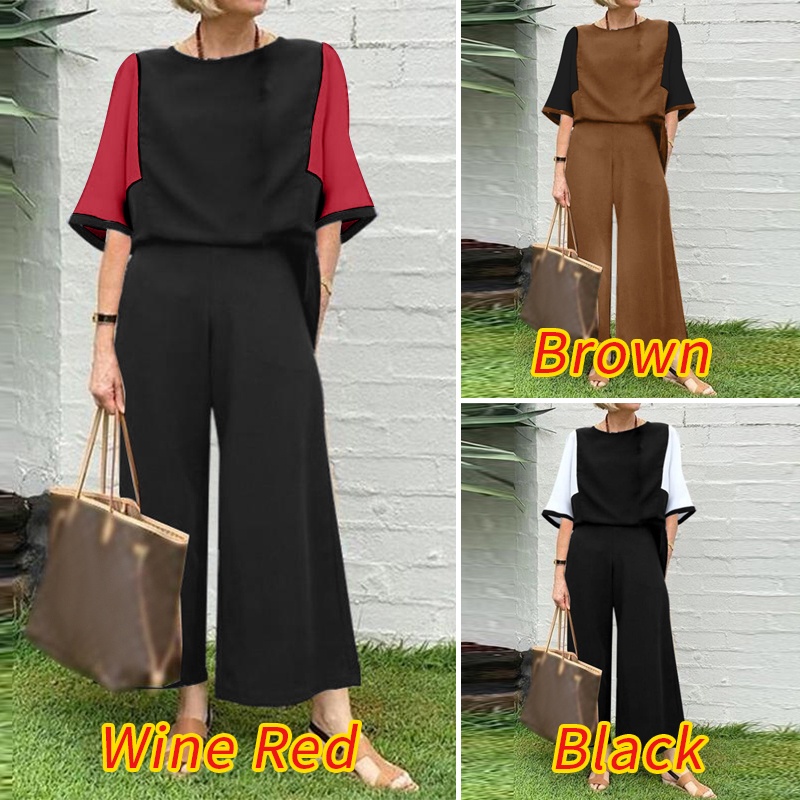 Bộ độ ZANZEA gồm áo tay lỡ 3/4 phối màu tương phản và quần eo co giãn thời trang cho nữ