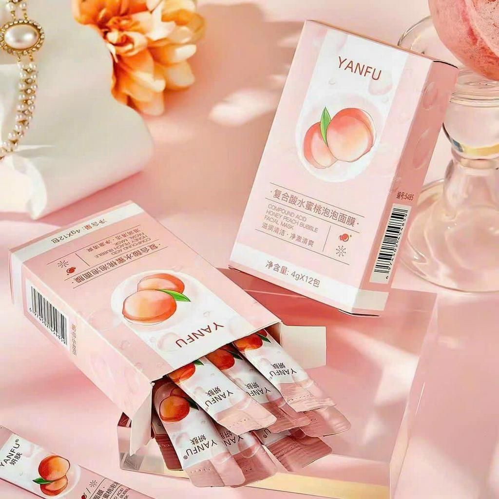 [ Hộp 12 gói] Mặt Nạ Sủi Bọt Đào Yanfu Làm Sạch Da Giúp Da Mềm Mịn Căng Bóng