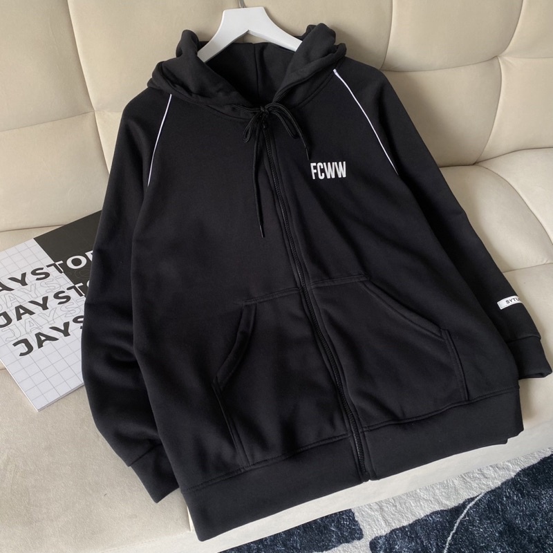 Áo Khoác Hoodie Unisex Zip Nỉ Bông FCWW màu ĐEN  Nam nữ unisex/Áo hoodie dây kéo nữ có mũ form rộng Jaystoree