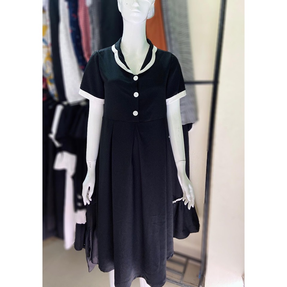 Váy bầu bigsize - Đầm bầu thiết kế GuMe màu đen kiểu dáng Maxi Cổ V Điệu Đà chất vải sạn lụa size từ 40-100kg MB147