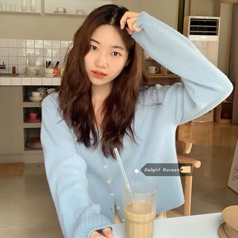 Áo khoác cardigan IHKKE dệt kim tay dài cổ chữ V phong cách Hàn Quốc thời trang cho nữ