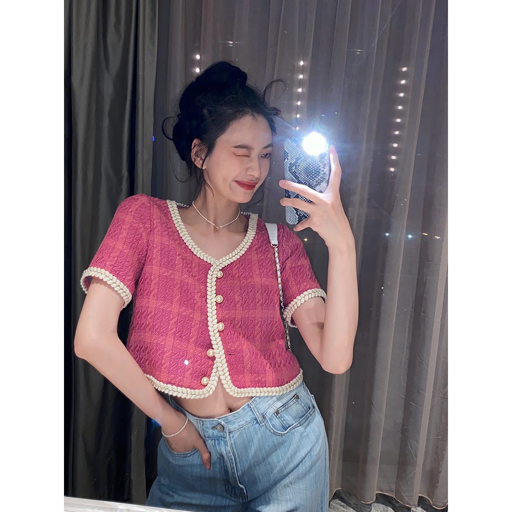(ORDER) Áo sơ mi nữ cộc tay vải Tweed mỏng màu hồng tím cổ V phối viền sang chảnh Hàn Quốc