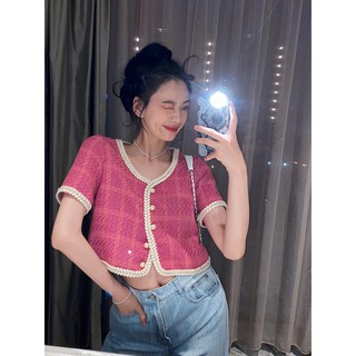 (ORDER) Áo sơ mi nữ cộc tay vải Tweed mỏng màu hồng tím cổ V phối viền sang chảnh Hàn Quốc