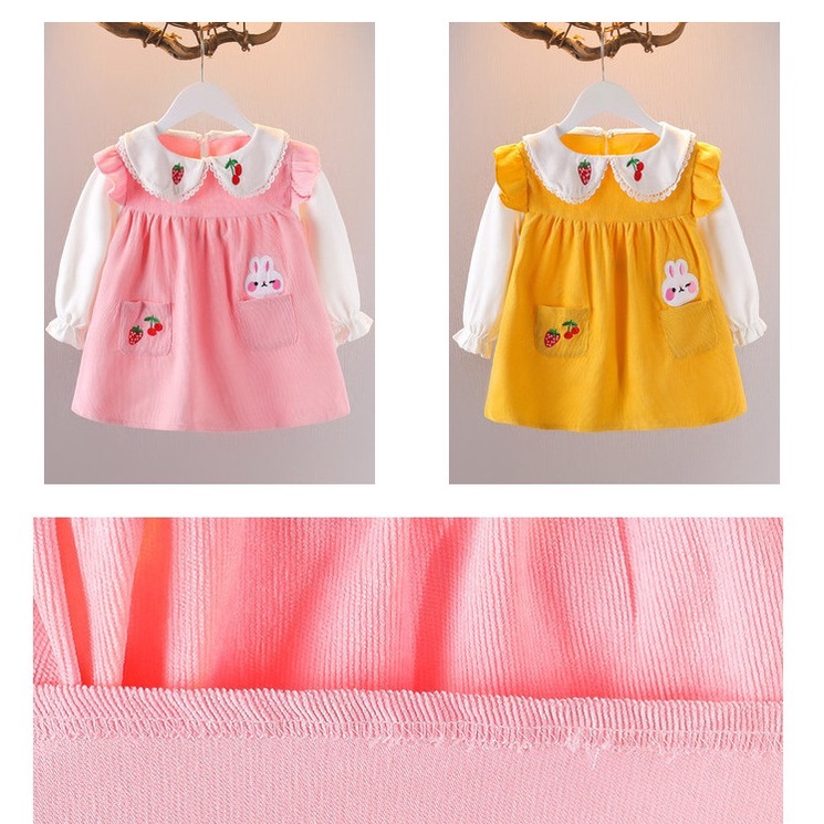 Váy đầm bé gái cổ bèo thêu trái dâu và thỏ đáng yêu