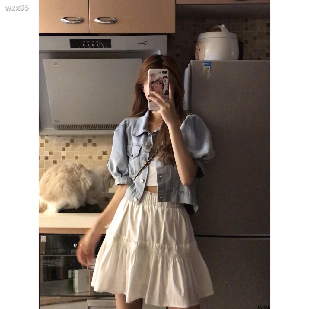 Áo khoác denim nữ dáng lửng phiên bản Hàn Quốc siêu A hoang dã tay crop top sành điệu