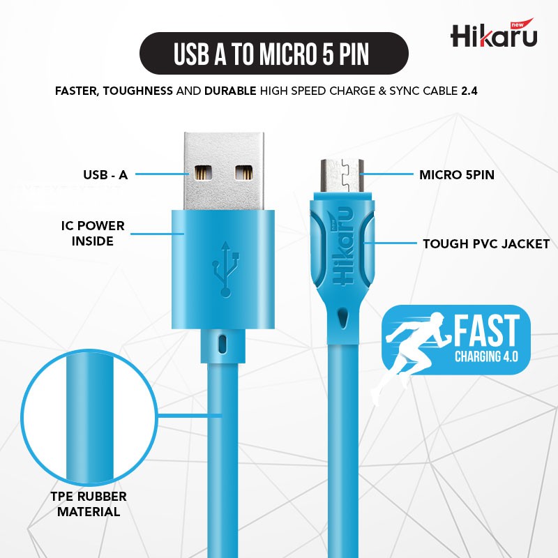 Mới Dây Cáp Sạc Nhanh Siêu Bền Hikaru 2.4a Usb Micro 5pin 1 M