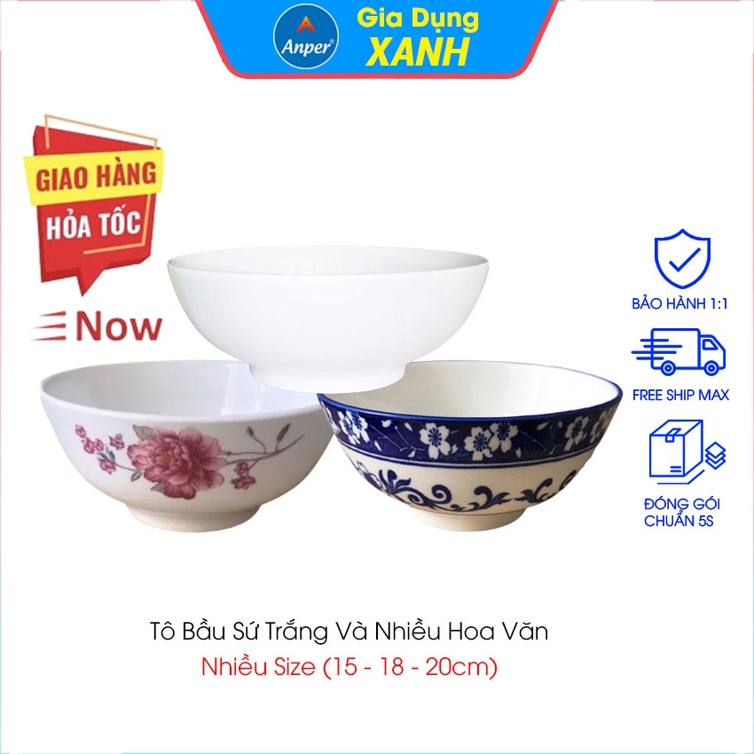 Combo 2 tô sứ 3 bát sứ bầu ANPER dày 15 18 20 cm ăn phở ăn cơm an toàn
