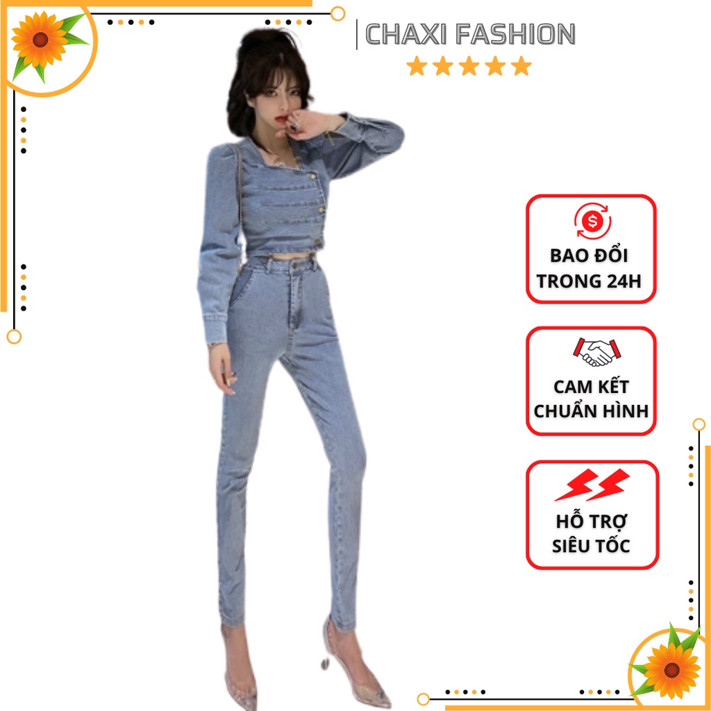 HÀNG NHẬP - SET BỘ JEAN CAO CẤP ÁO CROPTOP CỔ VUÔNG QUẦN DÀI THỜI TRANG - LS238500