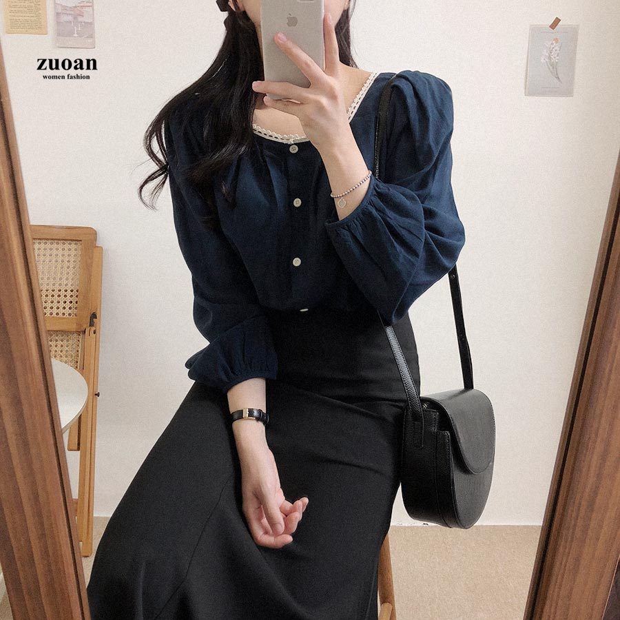 SUXI Áo Sơ Mi Nữ Thiết Kế Tay Dài Màu Trơn Kiểu Hàn Quốc