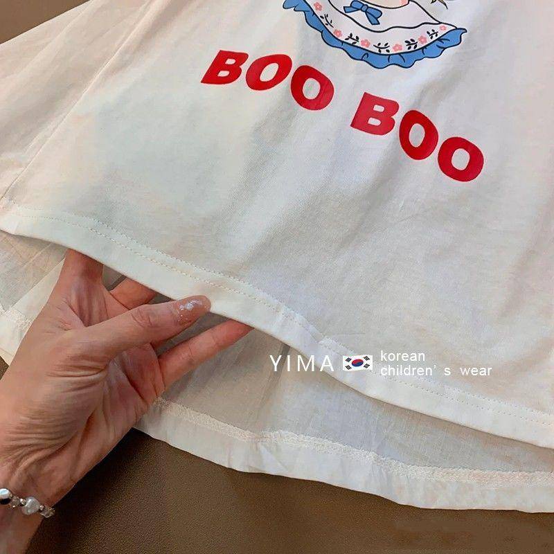 Đầm tay phồng viền ren in họa tiết hoạt hình phong cách Hàn Quốc phương Tây cho bé gái