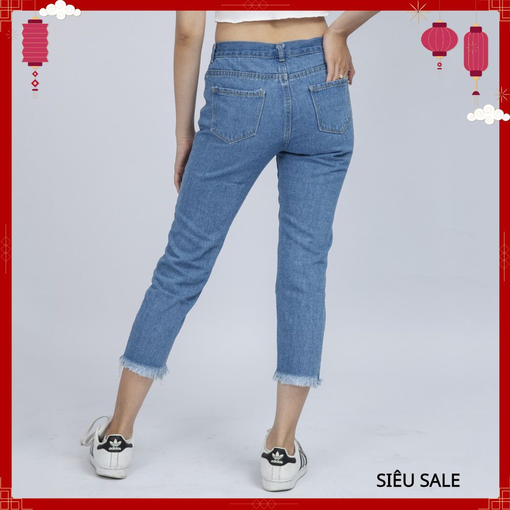 Quần Jean Nữ Begy Chữ Thái Chân Tua Màu Xanh Trung Bình Co Giãn Thời Trang Cao Cấp Giãn QR08. - halo_shop1