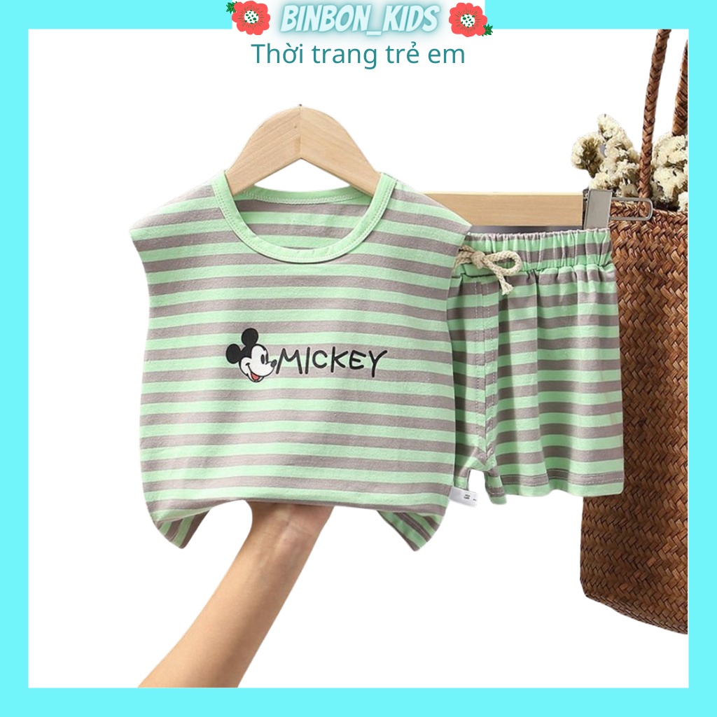 Bộ sát nách cho bé binbon kids, bộ ba lỗ cho bé trai bé gái chất thun cotton kẻ ngang Mickey cho bé từ 7-25kg
