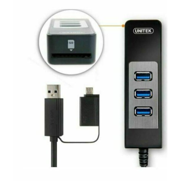 HUB CHIA USB 3.0 TỪ 1 RA 3 CỔNG + ĐỌC THẺ NHỚ SD CÓ ĐẦU CHUYỂN ĐỔI USB SANG OTG UNITEK Y 3048A CHIA CỔNG USB