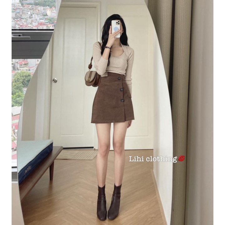 Chân váy nhung tăm khuy hàng QC