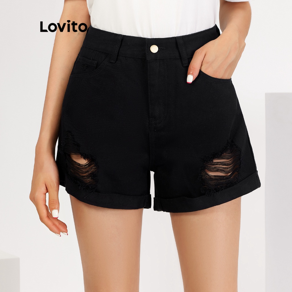 Quần short denim Lovito thường ngày màu trơn phối túi phối rách nạm đinh tán L20DD04 (màu đen)