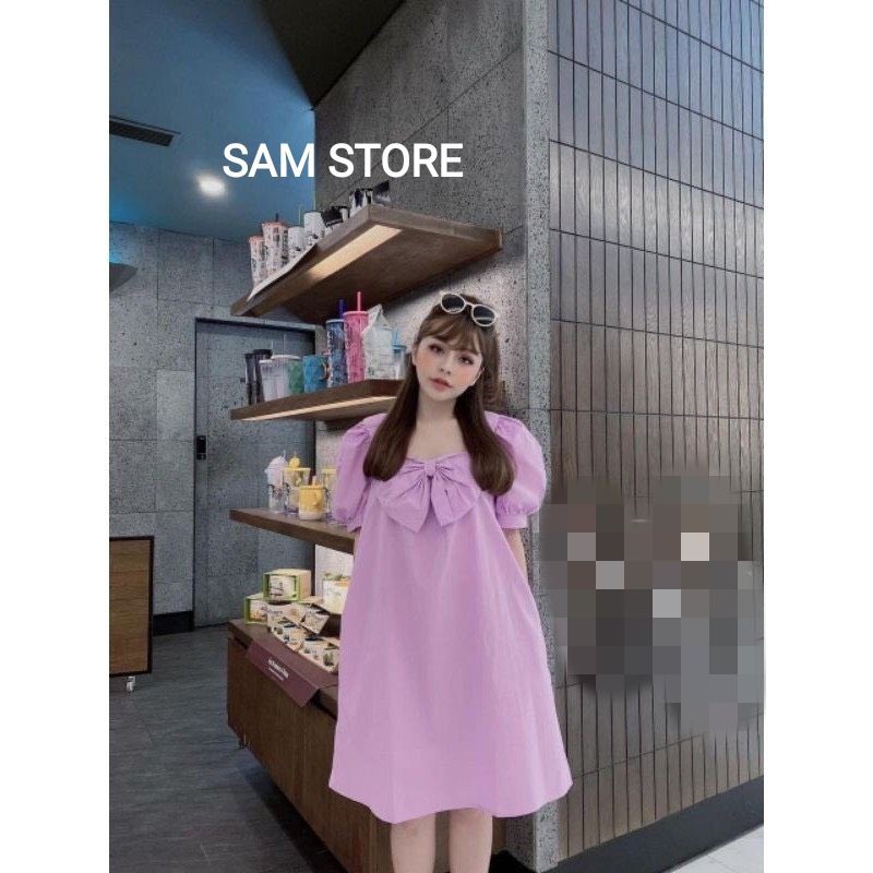 Đầm Suông Cổ Vuông Nơ Ngực Tay Con Bo Phồng Size M SamStore