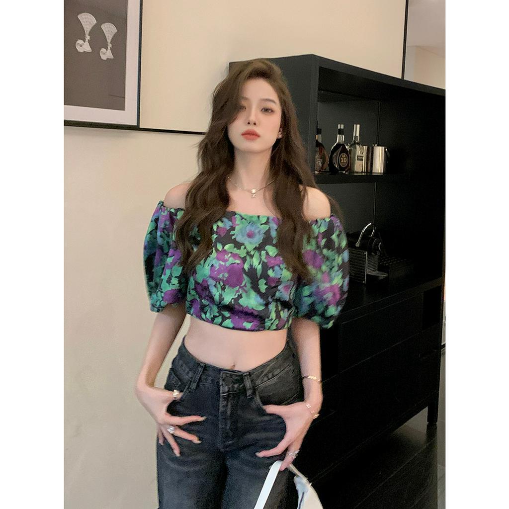 Áo Croptop Trễ Vai Tay Phồng Thời Trang Mùa Hè Phong Cách Retro Cho Nữ