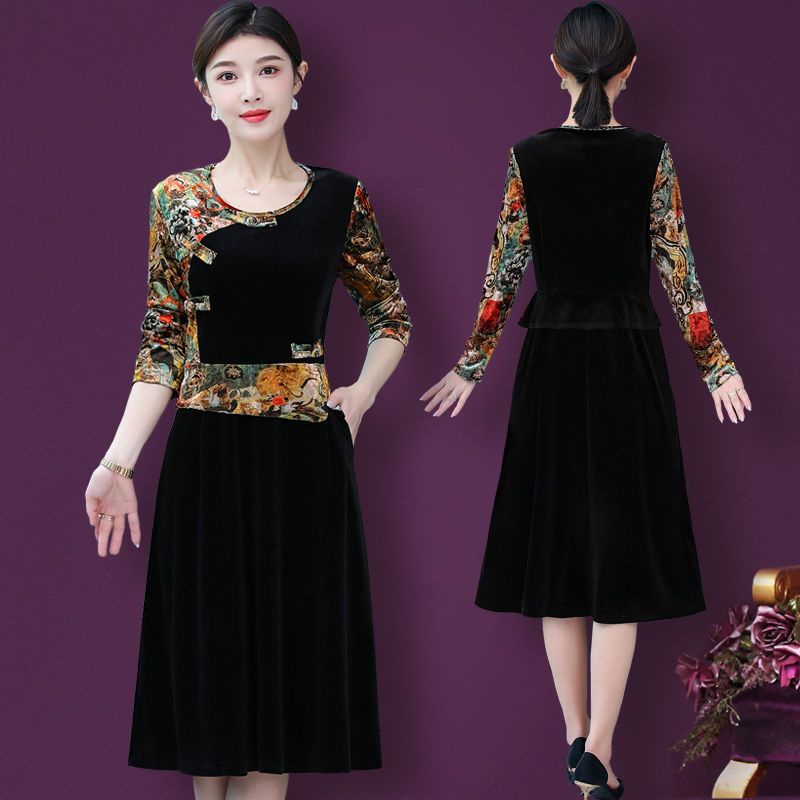 Đầm Nhung Dài Tay Phối Khóa Cài Thời Trang Cho Phụ Nữ Trung Niên