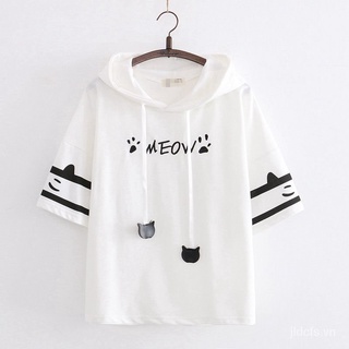 Áo hoodie ngắn tay thêu hình chân mèo xinh xắn phong cách Harajuku Nhật Bản dành cho nữ