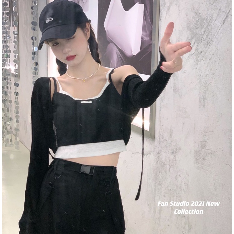 【ZHELIHANGFEI】Áo Dệt Kim Sát Nách Lưng Cao Giả Hai Lớp Cá Tính Thời Trang