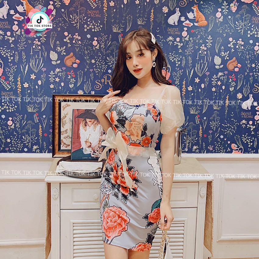 Váy ôm body, đầm body kiểu hoa hồng phối nơ TIK TOK STORE | BigBuy360 - bigbuy360.vn