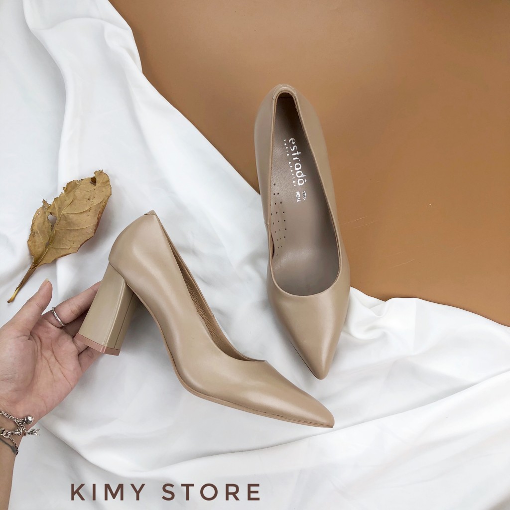 Giày cao gót công sở nữ VNXK da bò, gót trụ loe kiểu lạ 7cm-Dáng basic mũi nhọn