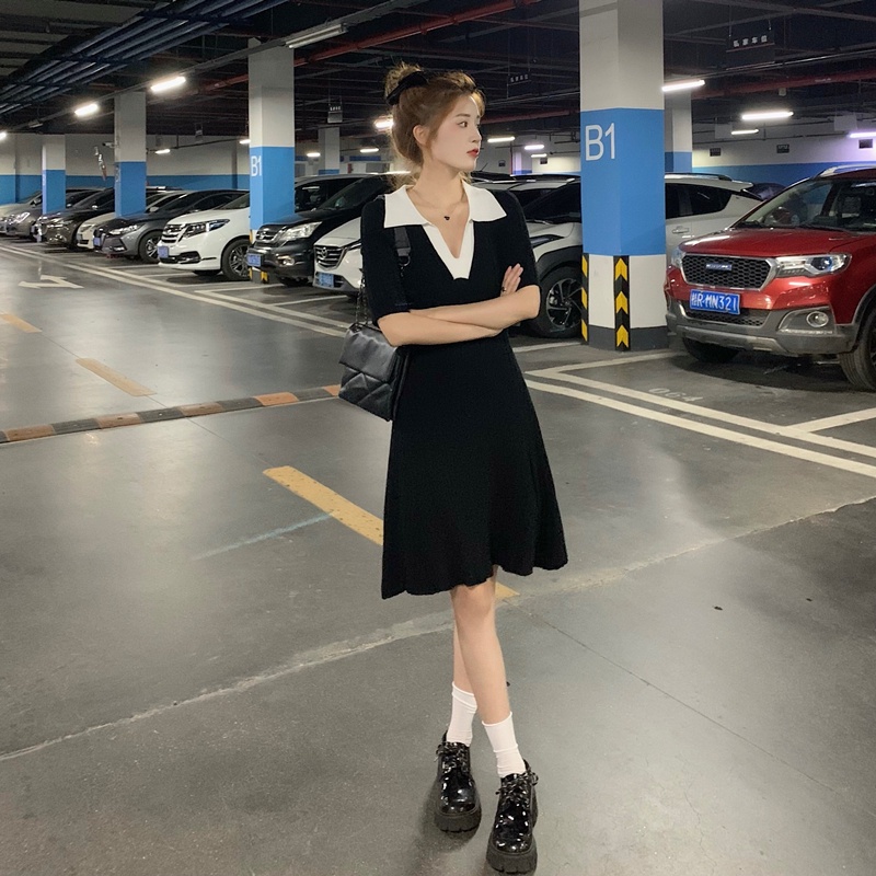 Đầm Dệt Kim Ngắn Tay Cổ POLO Xinh Xắn Dành Cho Nữ