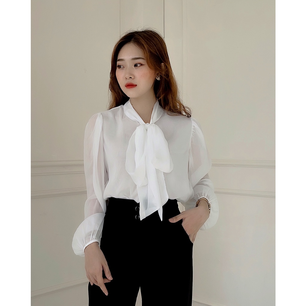 Áo sơ mi Nữ suông vai chờm cổ nơ trẻ trung Bowtie tơ óng Harriet