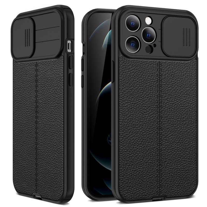 Ốp Điện Thoại Da Có Nắp Trượt Bảo Vệ Camera Cho iPhone 14 13 12 Pro Max
